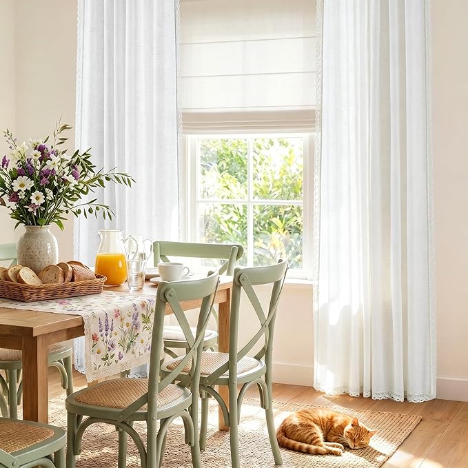 jinchan Linen Curtains for Living Room Bedroom Light Filtering Semi Sheer Curtains Boho Farmhouse French Country Cottage Core Decor Window Drapes Back Tab 84 Inch Length Laced Off White