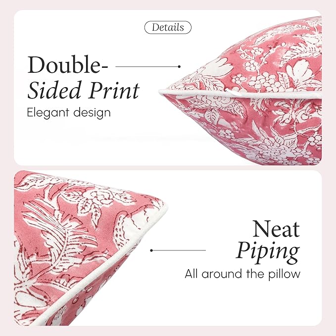 CPC 100% Cotton Throw Pillow Covers 18x18 Inch, Set of 2 Pink Block Print Pattern Couch Pillow, Cute Boho Decorative Pillows for Living Room, Bedroom with Hidden Zipper- Pink Coral