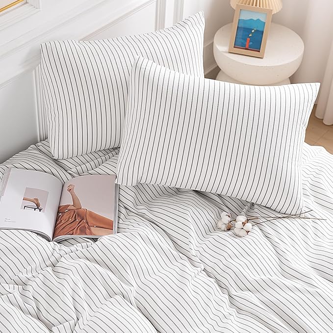 NEXHOME PRO Striped Duvet Cover Queen Size,100% Washed Cotton Bedding Set,Textured Linen Feel,Breathable,Organic,3 Piece(Grey Stripes 90x90)