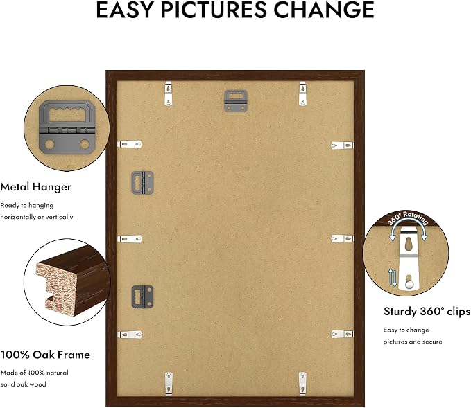 Hongkee 12x16 Oak Wood Picture Frame, Display Photos 11 x 14 with Mat or 12 x 16 without Mat - Tempered Glass Cover, Horizontal and Vertical Display for Wall Mounting (Walnut, Set of 1)