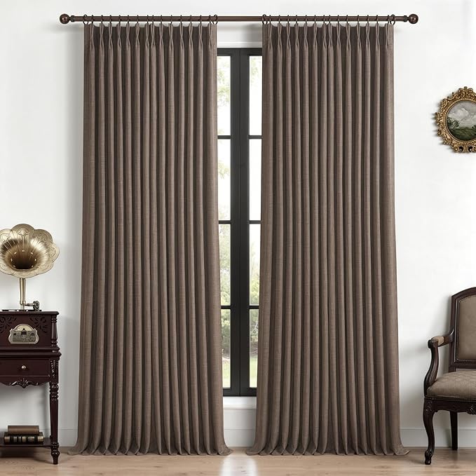Double Layer Thick Linen Blackout 105 Inch Tall Curtains for Dining Room, Dark Flax Memory Shape Pinch Pleat Thermal Floor to Ceiling Curtain Brown Sound Dampening Neutral Windows Drapes 2 Panels Set