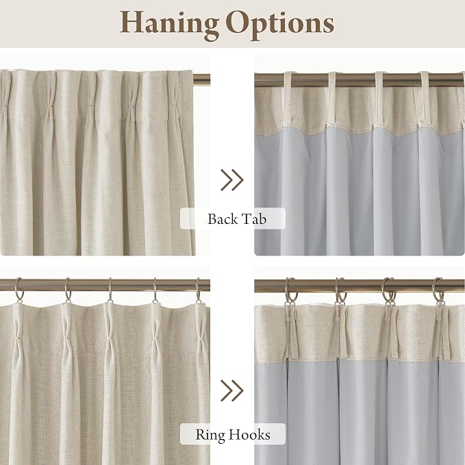 RYB HOME 100% Blackout Pinch Pleated Linen Curtains for Bedroom Living Room, Linen Textured Fabric with Liner Thermal Insulated for Sliding Glass Door, Beige, 40" W x L102 L, 2 Panels Set