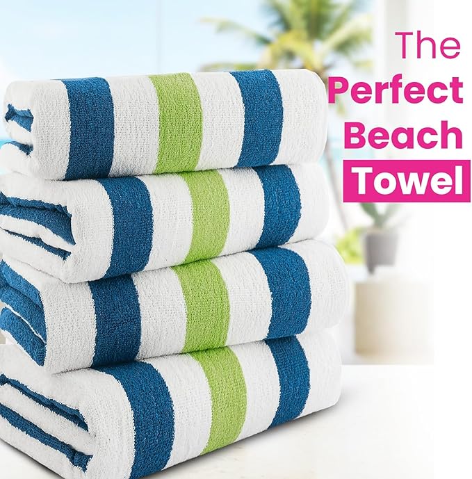 CASA COPENHAGEN Monaco Beach Towels Designed in Denmark Rough and Tough, Quick Dry, for Pool, Bath & Shower 30x60 inches 4 Pieces Cotton Beach Bath Towels Set - Grass Green