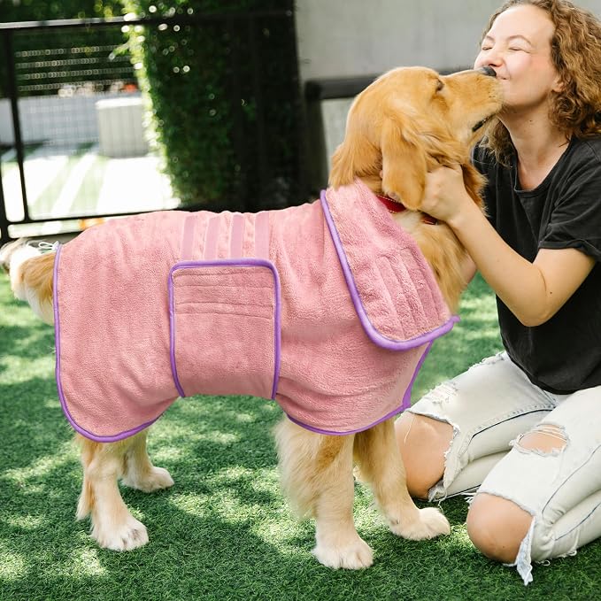 Soft Dog Bathrobe Fast Drying Dog Coat, Super Absorbent Dog Towels for After Bath, Microfiber Pet Robe Adjustable Collar & Belly Warm Keeping Dogs Coat for Pet Dogs & Cats (Pink, X-Large)