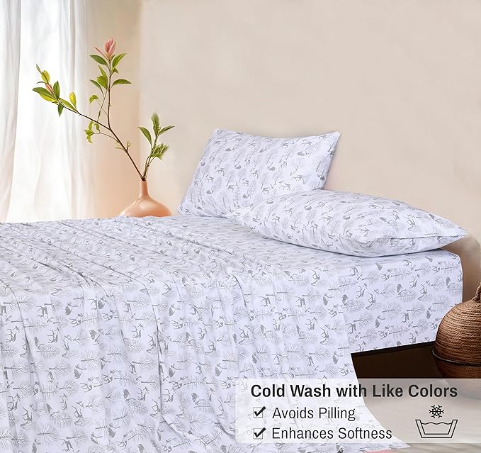 RUVANTI Flannel Sheets Full Size - GOTS Certified 100% Organic Cotton, 4 Piece Warm, Soft & Breathable Set, Deep Pocket Snug Fit, Double Brushed Cozy All Season Bedding, Reindeer Rush