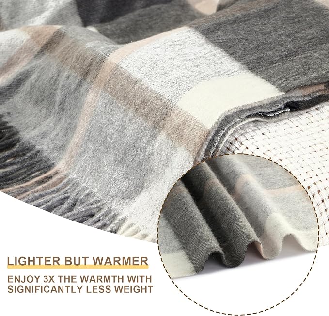 100% Wool Blanket Throw,Gray Plaid Wool Blanket with Compact Bag,Rustic Soft Lightweight Blanket for Couch,Sofa,Bed & Lounging Decoration, Warm Travel Blanket for Home, Airplane,Ideal Gifts 55"x83"