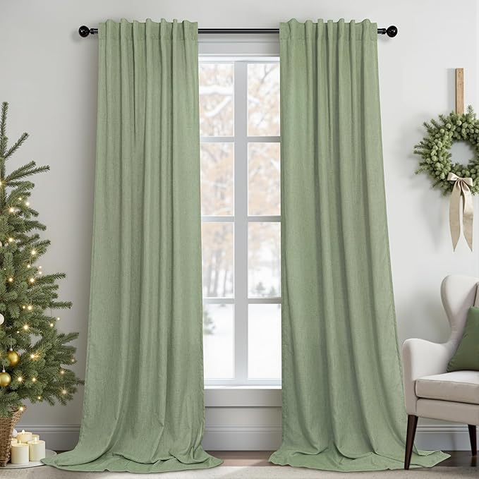 Sage Green Curtains 96 Inches Long for Living Room 2 Panels Back Tab Loop Pocket Linen Draperies Semi Privacy Sheer Light Weight Pale Green Curtains for Bedroom Office Bay Neutral Boho Farmhouse 8 FT