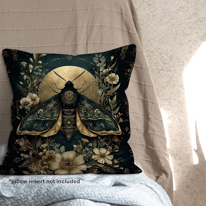 Gothic Moth Throw Pillow Cover Gifts 18x18, Vintage Dark Cottagecore Decor Pillow Cases for Bedroom Living Room, Moody Floral Botanical Decorative Square Pillowcases for Couch Bed Sofa