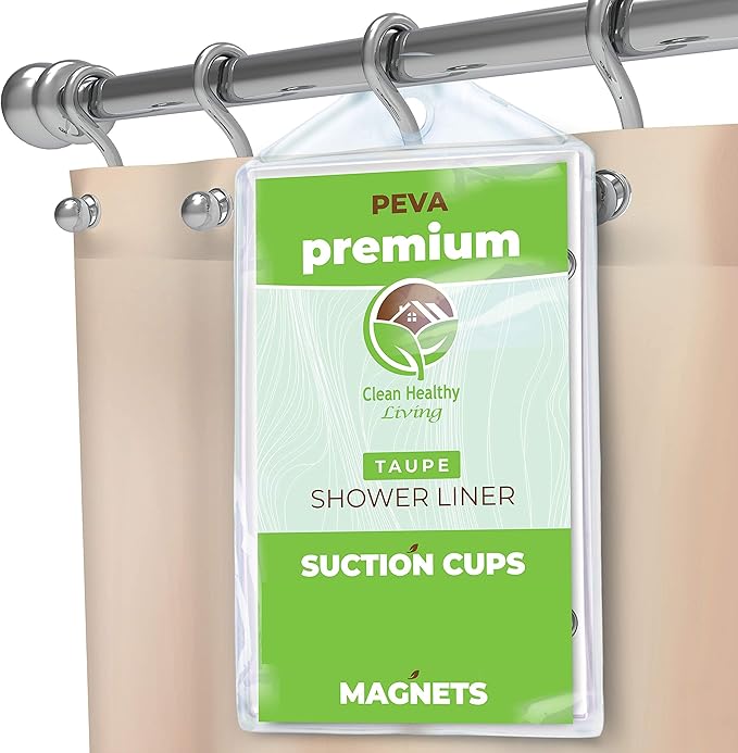 Clean Healthy Living Premium PEVA Taupe Shower Curtain Liner with Magnets & Suction Cups - 70 X 71 inches Long