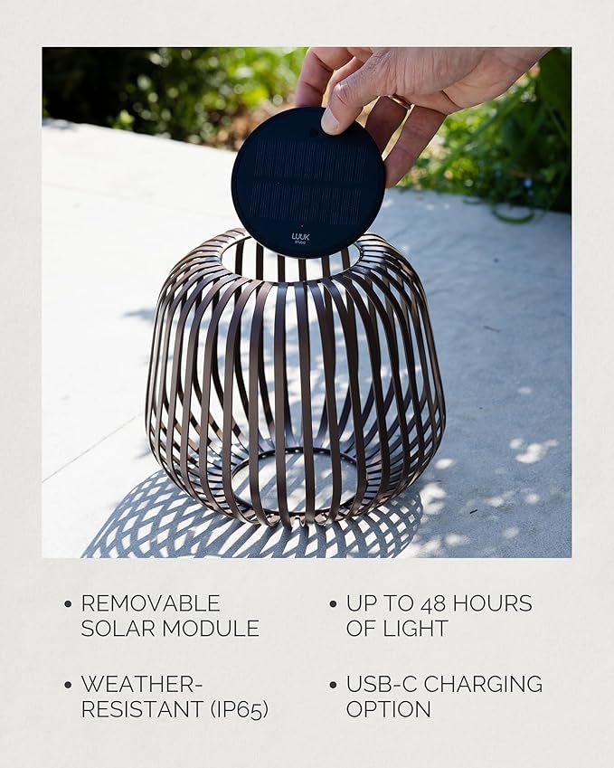 LUUK Studio Solis Wireless Solar LED Ambient Table Light, Warm White, 3 Dimmable Levels, Indoor & Outdoor, Solar & USB-C Rechargeable, Living Room, Bedside, Organic Contemporary, Walnut Brown, Size S