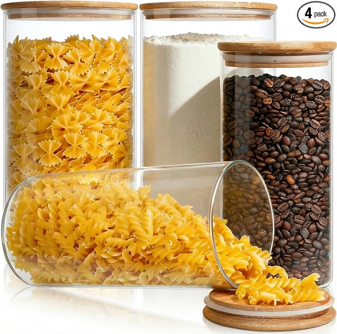 HomArtist Large Glass Flour and Sugar Containers 180oz x2 & 93oz x2 [Set of 4], Glass Food Storage Containers with Bamboo Lids, Glass Jar with Airtight Lid for Spaghetti Pasta,Rice,Cereal,Coffee, Oat