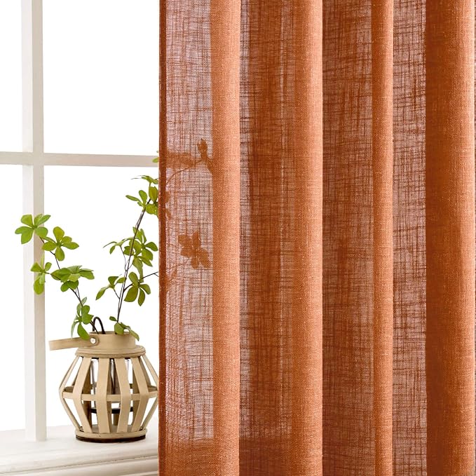 MIULEE Orange Curtains 96 Inch Length 2 Panels for Bedroom Living Room, Soft Thick Linen Textured Window Drapes Semi Sheer Light Filtering Back Tab Rod Pocket Burlap Look Fall Boho Decor