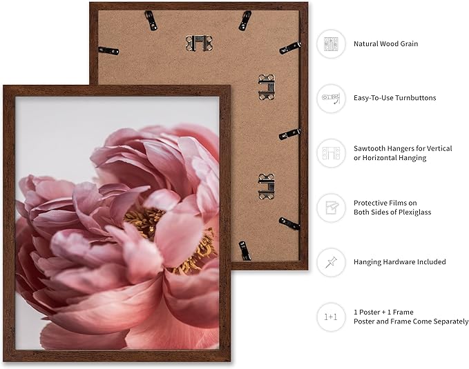 Monem Art Blush Pink Peony Print - Minimalist Floral Photography Poster - Wall Decor for Living Room, Bedroom or Office - 12x16 Brown Framed Wall Art by Mareike Bohmer