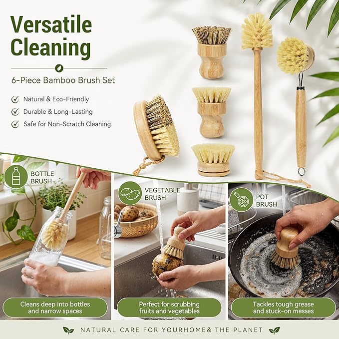 DEBETOOL 6-Piece Bamboo Dish Brush Set - Natural Dish Scrubber with Bottle & Vegetable Brush, Palm & Sisal Bristles, Wooden Dish Brushes for Kitchen Cleaning Pots, Pans, Bottles, Vegetables