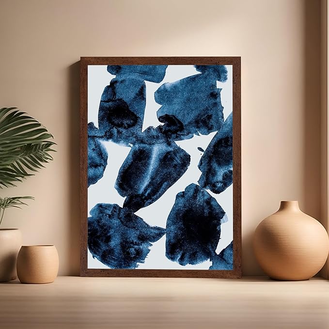 Monem Art Blue Abstract Watercolor Texture Print - Minimalist Modern Art Poster - Wall Decor for Living Room, Bedroom or Office - 16x20 Brown Framed Wall Art by Mareike Bohmer