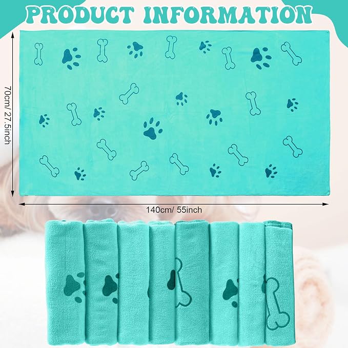 Peryiter 8 Pcs Dog Towels Pet Bath Drying Towels 55 x 28 Inches Large Absorbent Microfiber Quick Fast Drying Soft Beach for Lightweight Cat and Puppy Shower Essentials Cleaning Accessories(Cyan)