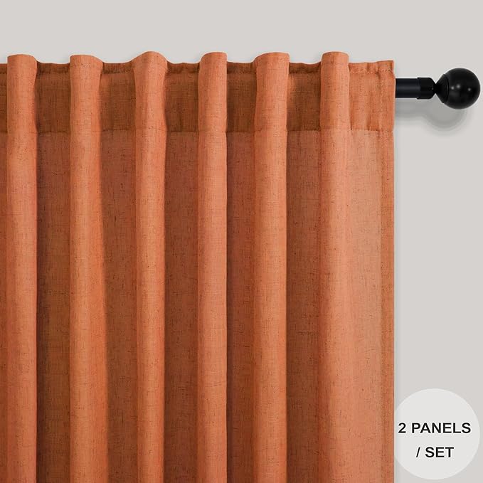 Orange Linen Curtains 72 Inch Length for Living Room 2 Panels Set Back Tab Loop Pocket Semi Sheer Copper Brown Burnt Orange Curtains for Bedroom Dining Room Gaming Playroom Sunroom Bay Window 52x72