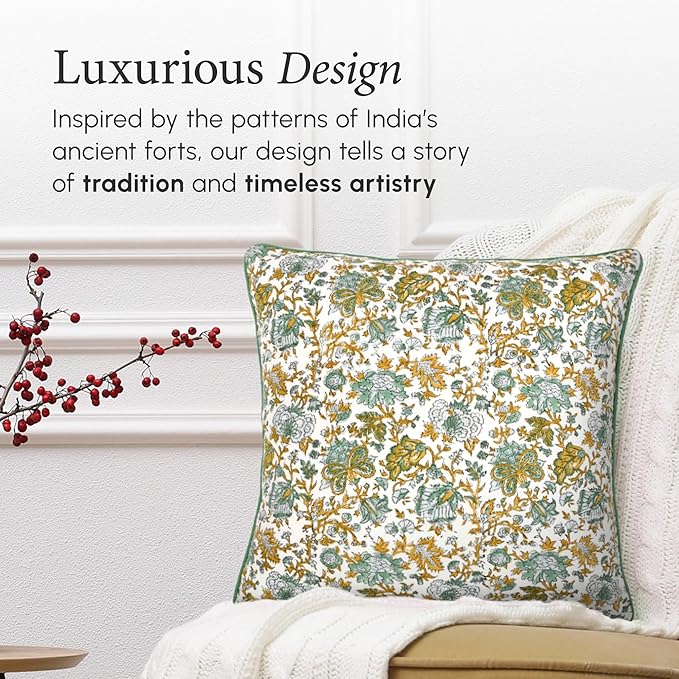 CPC 100% Cotton Throw Pillow Covers 18x18 Inch, Set of 2 Blue Block Print Pattern Couch Pillow, Cute Boho Decorative Pillows for Living Room, Bedroom with Hidden Zipper- Harvest Bloom