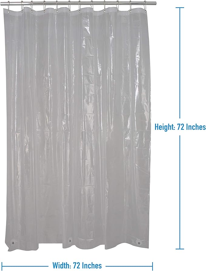 Bath Bliss Waterproof Shower Curtain Liner, 4X’s Splash Guard Suction Cup Leak Protection, 12 Rust Resistant Copper Grommets, 3 Large Magnet Hem, 100% PVC, 70" x 72", Clear