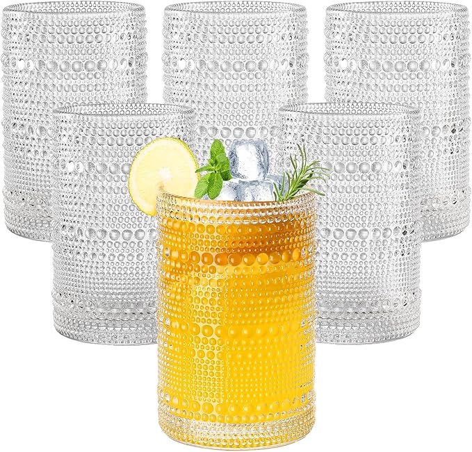 Amyoole 15oz Hobnail Drinking Glasses Set of 6,Clear Vintage Glassware Embossed Water Tumbler,Cocktail Glass Cups for Beer,Whiskey,Juice and Various Mixed Drinks