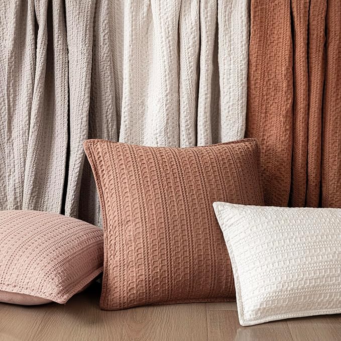Foindtower Set of 2 Decorative Cotton Waffle Weave Throw Pillow Covers Euro Shams Cushion Covers Accent European Pillowcase for Bed Couch Sofa Bedroom Living Room Home Decor 22×22 Inch Coral Pink