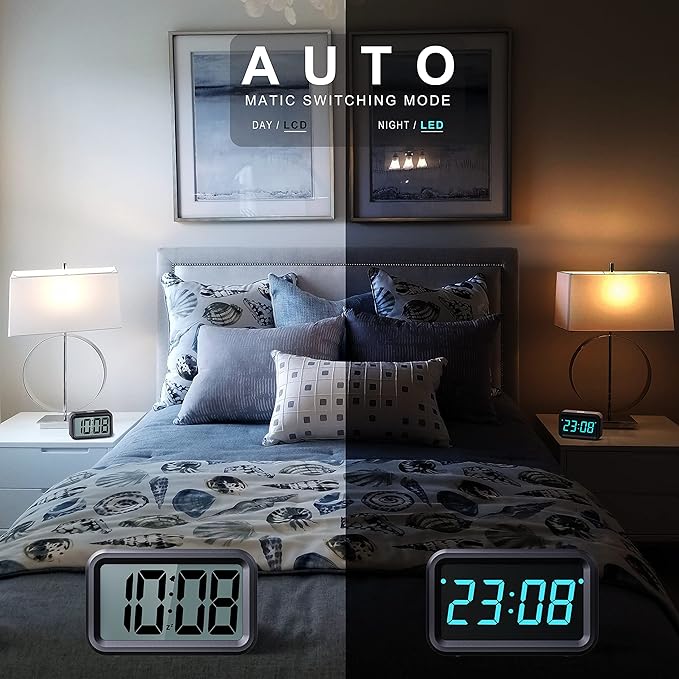 Battery Operated Clock with Hybrid 1.2'' LED / 1.8'' LCD Display, Cordless Small Digital Alarm Clock, for Bedroom Wall Desk Travel (Blue-Display)