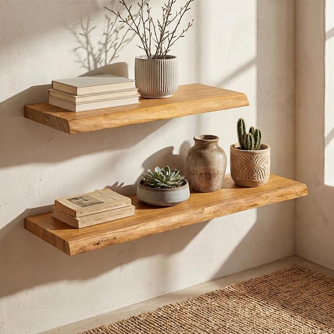 32" Live Edge Floating Shelves, Solid Elm Wood Shelf, Set of 2 | 1.4" Extra Thick, 9.3" Deep Heavy Duty Storage, Natural Finish for Kitchen & Living Room