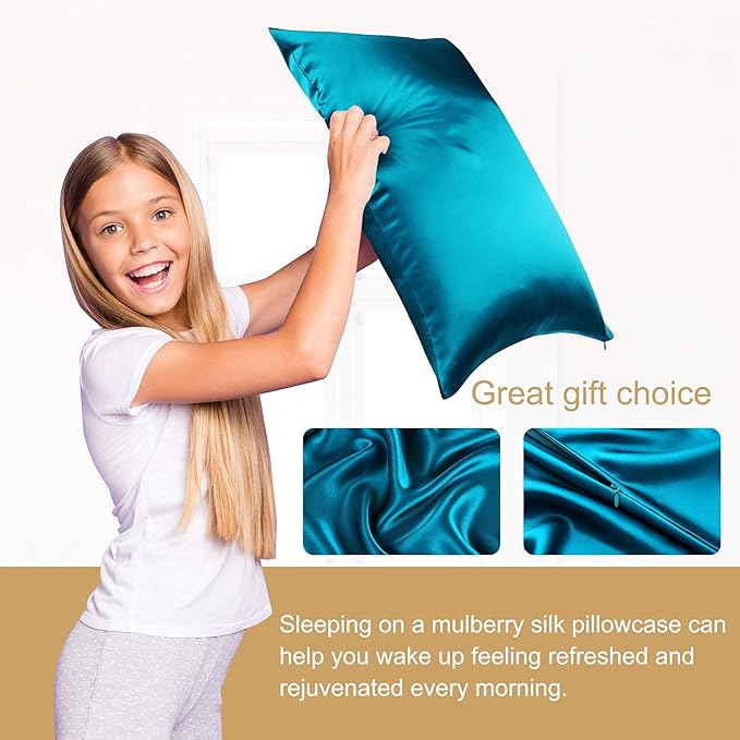 uxcell 1 Pack 100% Charmeuse Pure Silk Pillowcase for Hair and Skin, 350TC 19 Momme Soft Breathable Pillow Case with Hidden Zipper, Peacock Blue Silk Pillowcase Travel (14x20inch)
