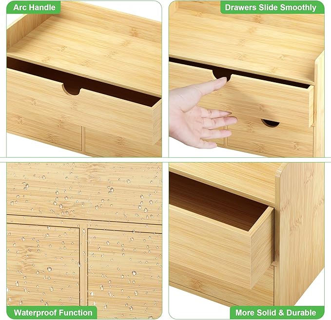 Desk Organizer with Drawers - Bamboo Desktop Organizer Storage | White-Natural Wood Desk Drawers Organizer for Bills, Office Supplies, Cosmetics, Seals No Assembly Required(3 Drawers With Shelf)