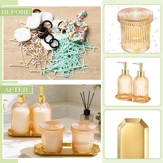 Yaomiao 7 Pack Amber Glass Bathroom Accessories Set, 2 Pcs Cotton Swabs Jar with Lids, 2 Pcs 18 oz Soap Dispenser with Pump and 2 Trays and Labels for Bathroom Kitchen Counter Organizer Vintage Gift