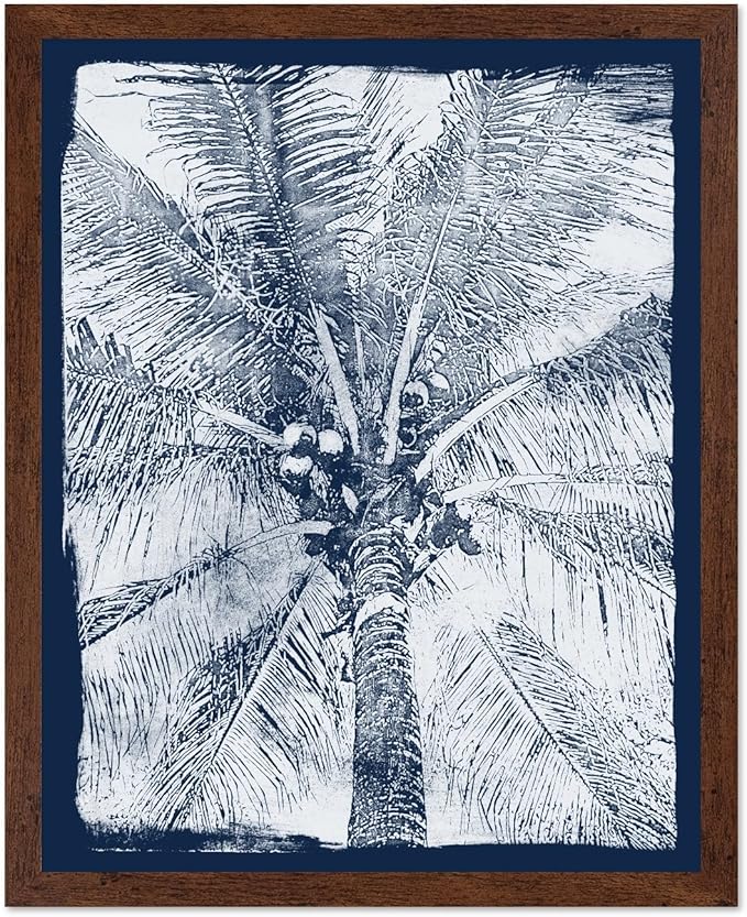 Monem Art Coastal Palm Tree Cyanotype Print - Blue and White Tropical Botanical Art Poster - Wall Decor for Beach House, Bedroom or Living Room - 12x16 Brown Framed Wall Art by Renee Stramel