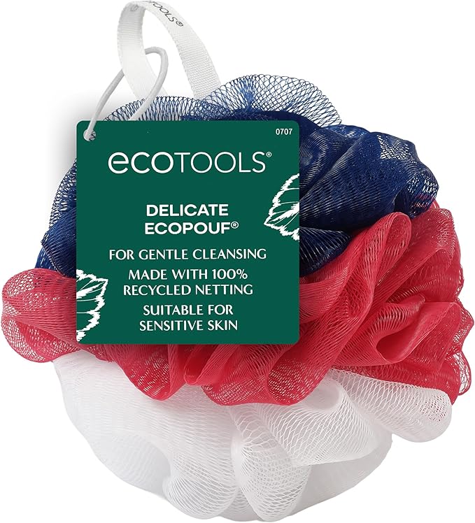 EcoTools Delicate EcoPouf Body Loofah, Gentle Exfoliating Shower Sponge for Sensitive Skin, 100% Recycled Netting Bath Pouf, 1 Count