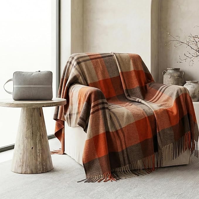 Soft Pure Wool Throw Blanket, Lightweight Warmth, 55"x83", Plaid, Fringe, Compact with Bag, Useful Gift for Women Men, All Season Decorative Cozy Travel Blanket for Couch Bed, Outdoors