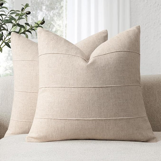 Decorative Linen Throw Pillow Covers 16x16 Set of 2 Solid handcrafted Striped Cushion Covers for Bed Soft Modern Farmhouse Neutral Pillowcase for Couch Bedroom Living Room Home Decor(Natural Beige)