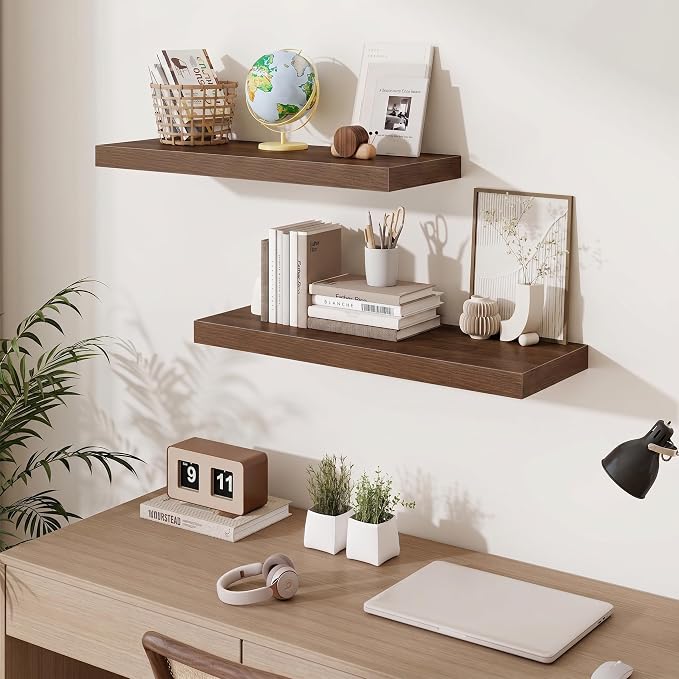 Fun Memories Floating Shelves for Wall, 30 Inch Long Floating Shelves Set of 2, 30 x 10 Wooden Shelves for Wall, Large Storage Shelves, Hanging Shelves for Bathroom Kitchen Bedroom, Walnut