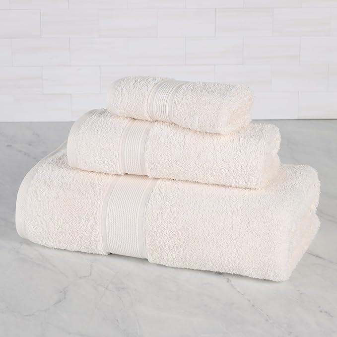Superior 100% Organic Cotton 3-Piece Towel Set, Includes 1 Bath Towel, 1 Hand Towel, 1 Face Towel/Washcloth, Daily Use, Bathroom, Guest Bath, Absorbent, Home Essentials, Oregon Collection, Ivory