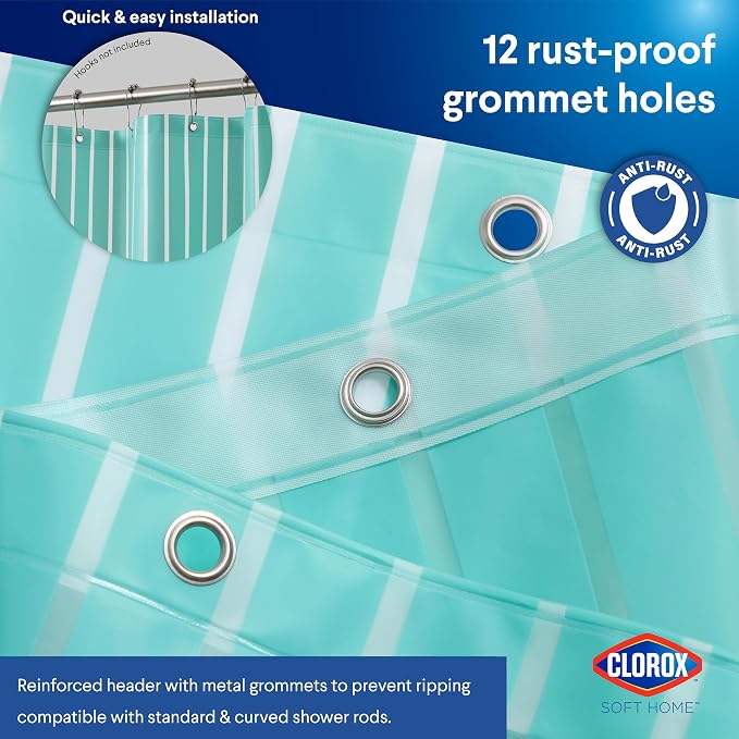 Clorox Shower Curtain Liner, Premium Striped Medium-Weight Durable Waterproof 6g PEVA for Bathroom with Weighted Magnets, Printed Standard Size 72" x 72", Aqua