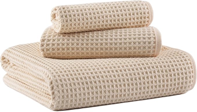 MICROFI New Microfiber Waffle Bath Towels, 3 Pieces, Oversized, Soft, Absorbent, Fast Drying, Lint Free, Includes Bath, Face and Hand Towels 430 GSM