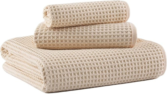MICROFI New Microfiber Waffle Bath Towels, 3 Pieces, Oversized, Soft, Absorbent, Fast Drying, Lint Free, Includes Bath, Face and Hand Towels 430 GSM