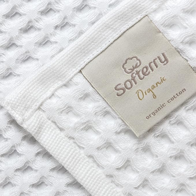 Softerry European Waffle Weave Bath Towel Set - 100% Organic Cotton - Quick Dry Lint Free Thin and Absorbent - Fade Resistant - Eco-Friendly (Set of 4 Bath, White)