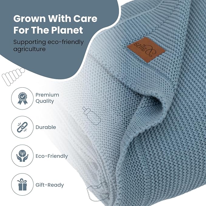 Dalisa 100% Organic Turkish Cotton Throw Blanket - GOTS Certified, Cozy - Perfect for Couch, Bed, and Home Decor - Boho Vintage Knit Alina (Smoke Blue, 60x80)