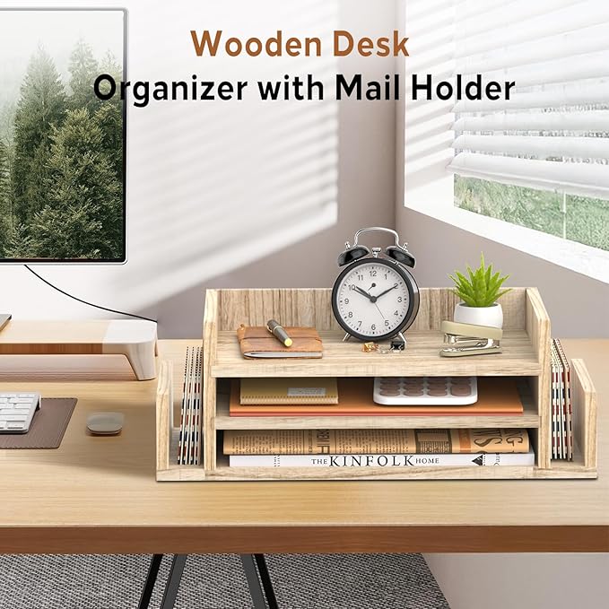 SUPEASY Wooden Desk Organizer, 3-Tier Letter Tray File Organizer with Dual Side Mail Sorter, Solid Wood Desktop Paper Organizer for Office, Home Office, Classroom (Natural Wood)
