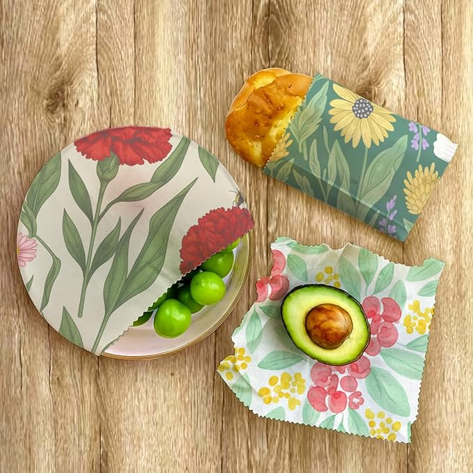 Reusable Beeswax Wraps, 9 Pack Eco-Friendly Food Storage, Organic, Sustainable, Zero Waste, Plastic-Free, Sandwich, Bowl, Bread, Fruit, 1XL, 3M, 5S, Mixed Garden Flowers Pattern