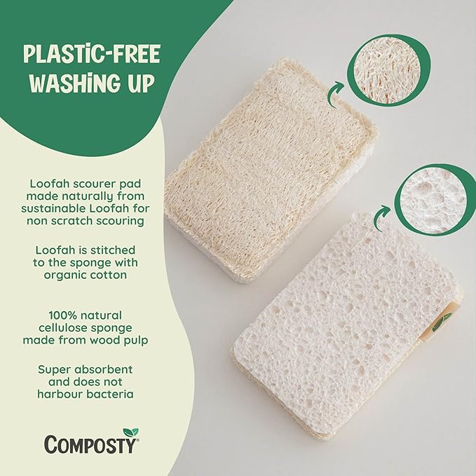 Composty® Loofah Eco Scourer Sponges, 6 Pack | Compostable Sponge/Natural Sponges for Dishes & Washing Up | 100% Natural & Plastic-Free | Long-Lasting | One Tree Planted for Each Pack Sold