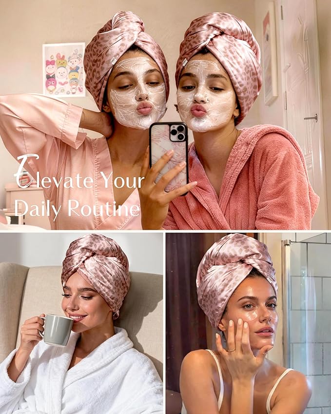YANIBEST Satin Microfiber Hair Towel Wrap for Women, Fast Drying, Ultra Absorbent, Head Turban with Elastic for All Hair Types, Pinkleopard