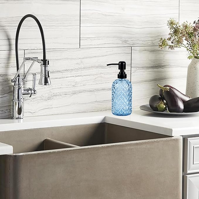 12Oz Glass Soap Dispenser with 304 Black Rustproof Stainless-Steel Pump, Refillable Glass Soap Dispenser for Kitchen, Bathroom, Farmhouse (Blue)