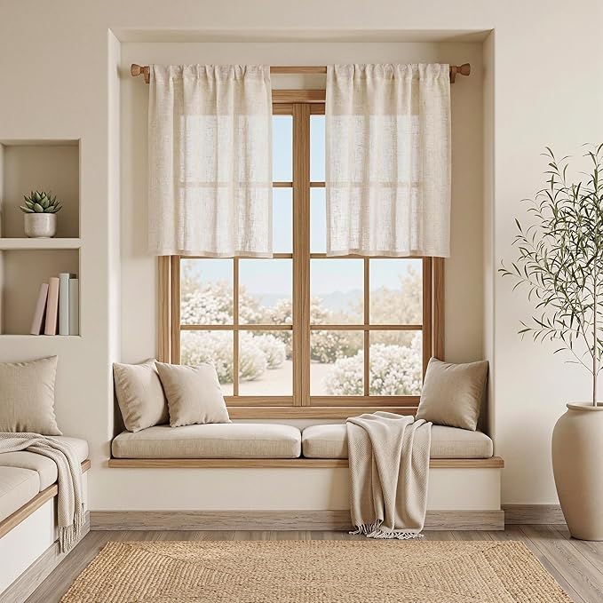 MYSKY HOME Short Linen Curtains 36 Inch Length for Kitchen Window, Over Sink Semi Sheer Light Filtering Panels Rod Pocket Tiers Drapes for Basement Bathroom Window, 2 Panels, Linen, 30 x 36 Inch