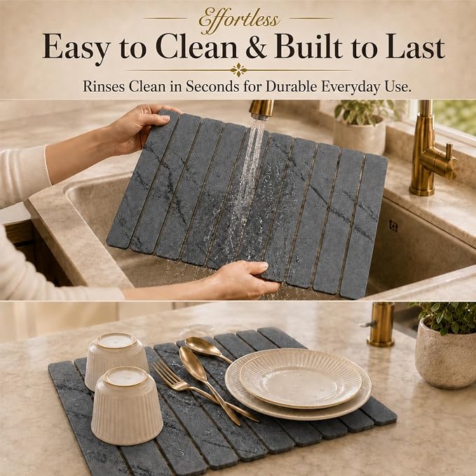2 PCS Large Stone Dish Drying Mat for Kitchen Counter, 24" x 16" Diatomaceous Earth Dish Mat with 8" x 4" Coaster, Quick Dry Foldable Absorbent Mat for Dishes, Cups, Bottles (Dark Gray)
