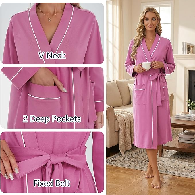 U2SKIIN Womens Organic Cotton Robe, Lightweight Long Kimono Bathrobe for Women, Soft Spa Lounge Sleepwear with Pockets