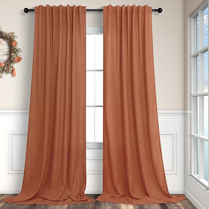 Pitalk Boho Curtains for Bedroom 2 Panels Rust Terracotta Colored Rod Pocket Back Tab Door Curtains Linen Sheer Bohemian Curtain for Living Room Ceiling to Floor Length Extra Wide 52 x 96 Inch Long